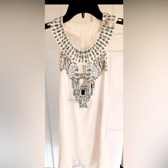 BEBE 100% Silk Ivory Cleo White Tunic Size XXS Embellishments Turquoise gems - Picture 5 of 9